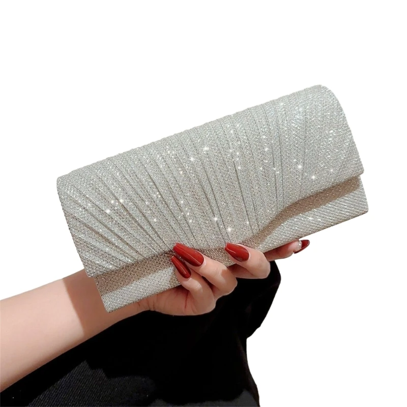 Glitter Evening Bag Formal Lady Purse Party Banquet Wedding Clutch Pleated Handbag Sparkling Crossbody Shoulder Bag