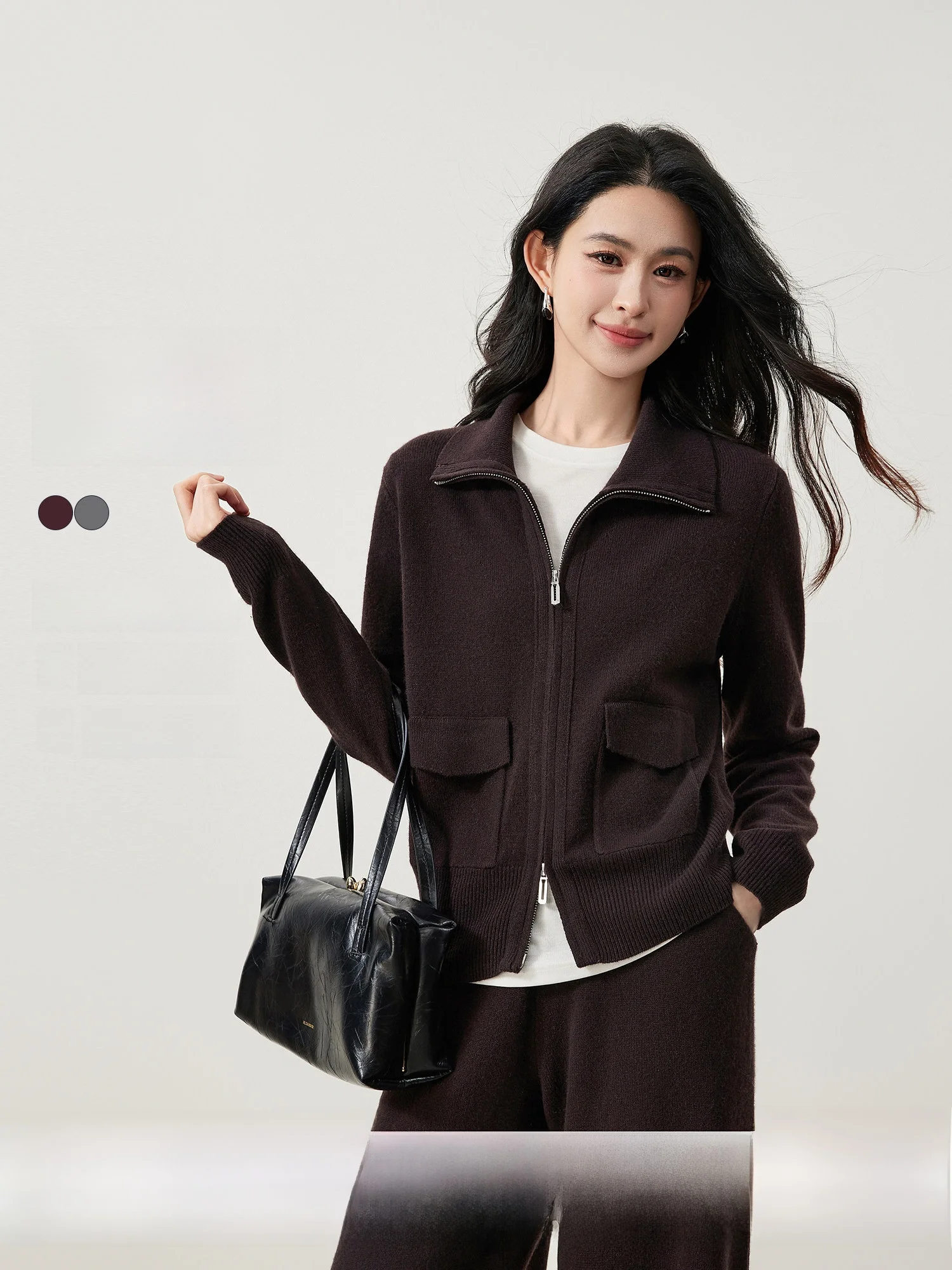 

Winter Wool Cashmere Set Women's Casual Knitted Open Cardigan Pants Two-Piece Suit Long Sleeve Stand Collar Adult Fashion