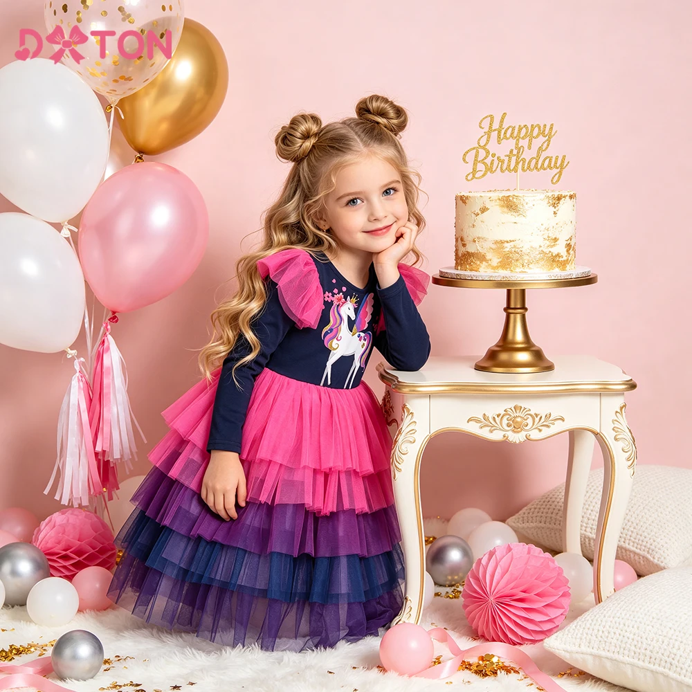 DXTON Baby Girls Cotton Dresses Spring Autumn Children Long Sleeve Dress Unicorn Toddler Holiday Party Layer Mesh Cake Dresses