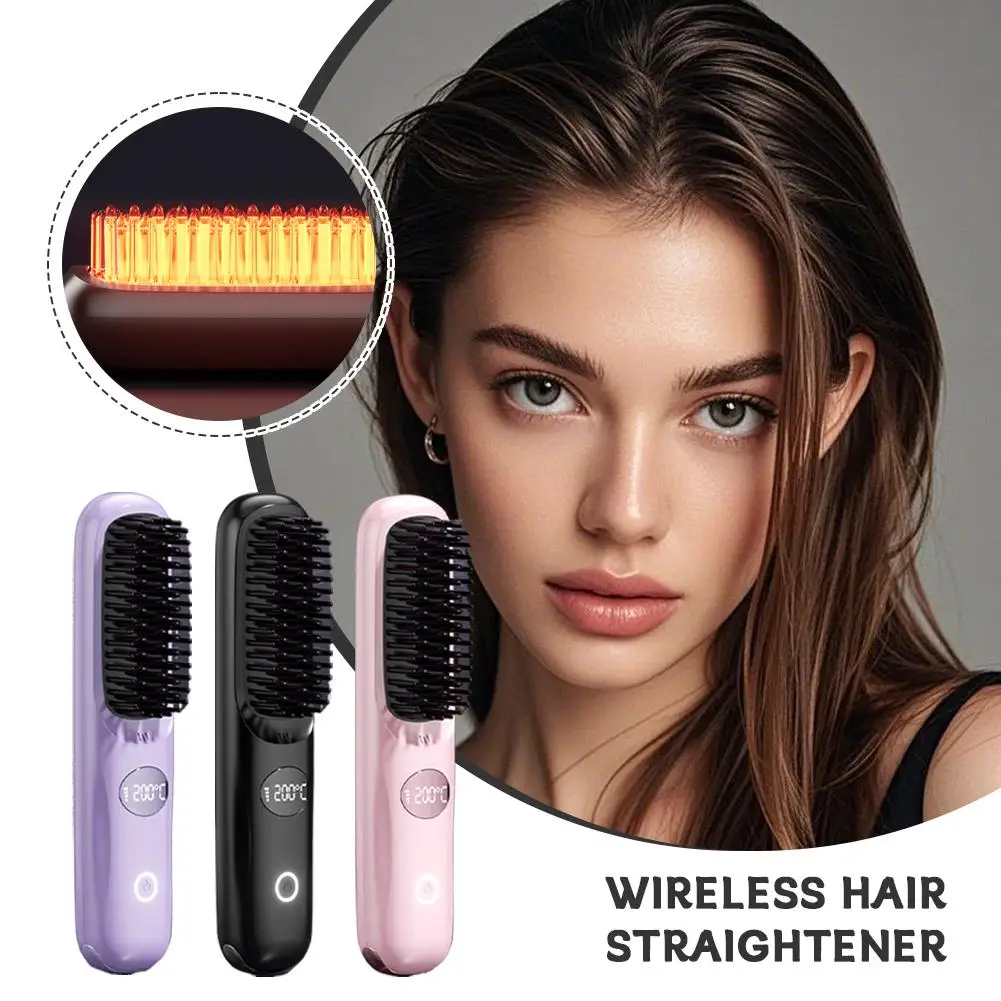 

USB Charging Ceramic Heating Comb Hair Straightener Wireless Portable Curly Hair Straightener Negative Ion Straightening Comb