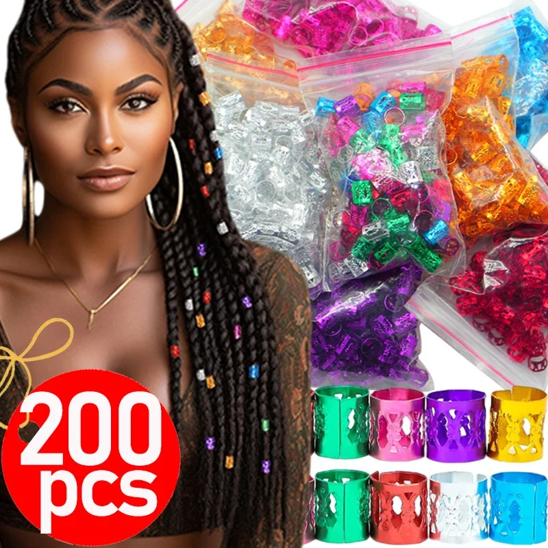 100/200pcs Colorful Dirty Braids Beads Hairpin Gold Silver Dreadlock Hair Rings Cuff Clips Braids Hip Hop Headwear Accessories