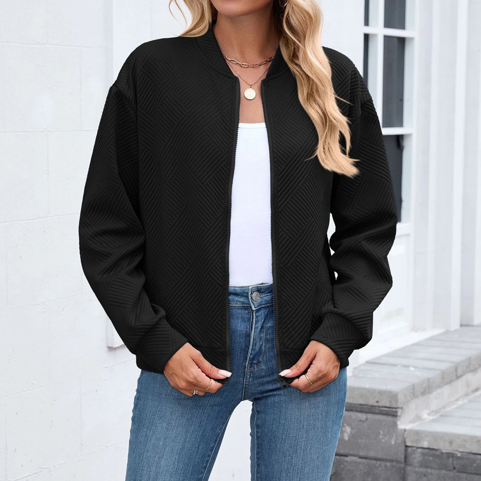 Women s Fall Coat Long Sleeve Full Zip up Baseball Jacket Solid Color Casual Outerwear