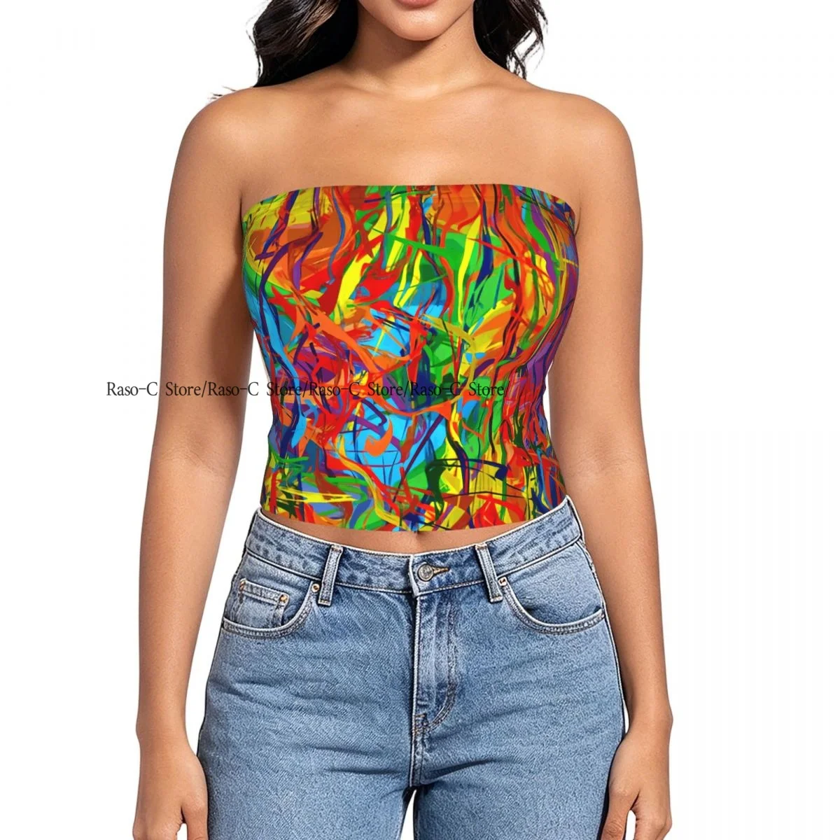 Women Shirt Summer Strapless Backless Tops Rainbow Splash Circled Lines Art Sleeveless Vest