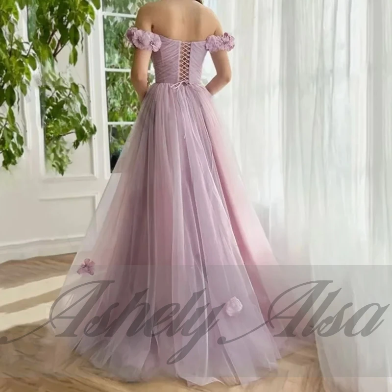 A2109 Eleganckie Liliowe Sukienki na Bal Maturalny Długie Odkryte Ramiona Kwiaty Marszczone Linia A Tiul Damskie Formalne Wieczorowe Suknie Ślubne na Przyjęcie Personalizowane