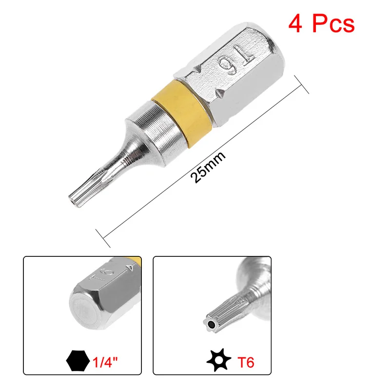 Juego de puntas de destornillador Torx de 4 piezas, vástago hexagonal de acero S2 de 1/4 pulgadas, T6, T9, brocas de destornillador Torx de