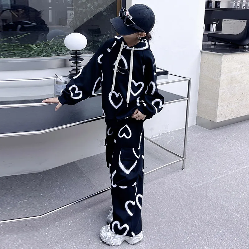 spring junior girls Love hooded clothes set Printed sweatshirt+sweatpants teen kid Hip-hop clothes suit child tracksuits outfits