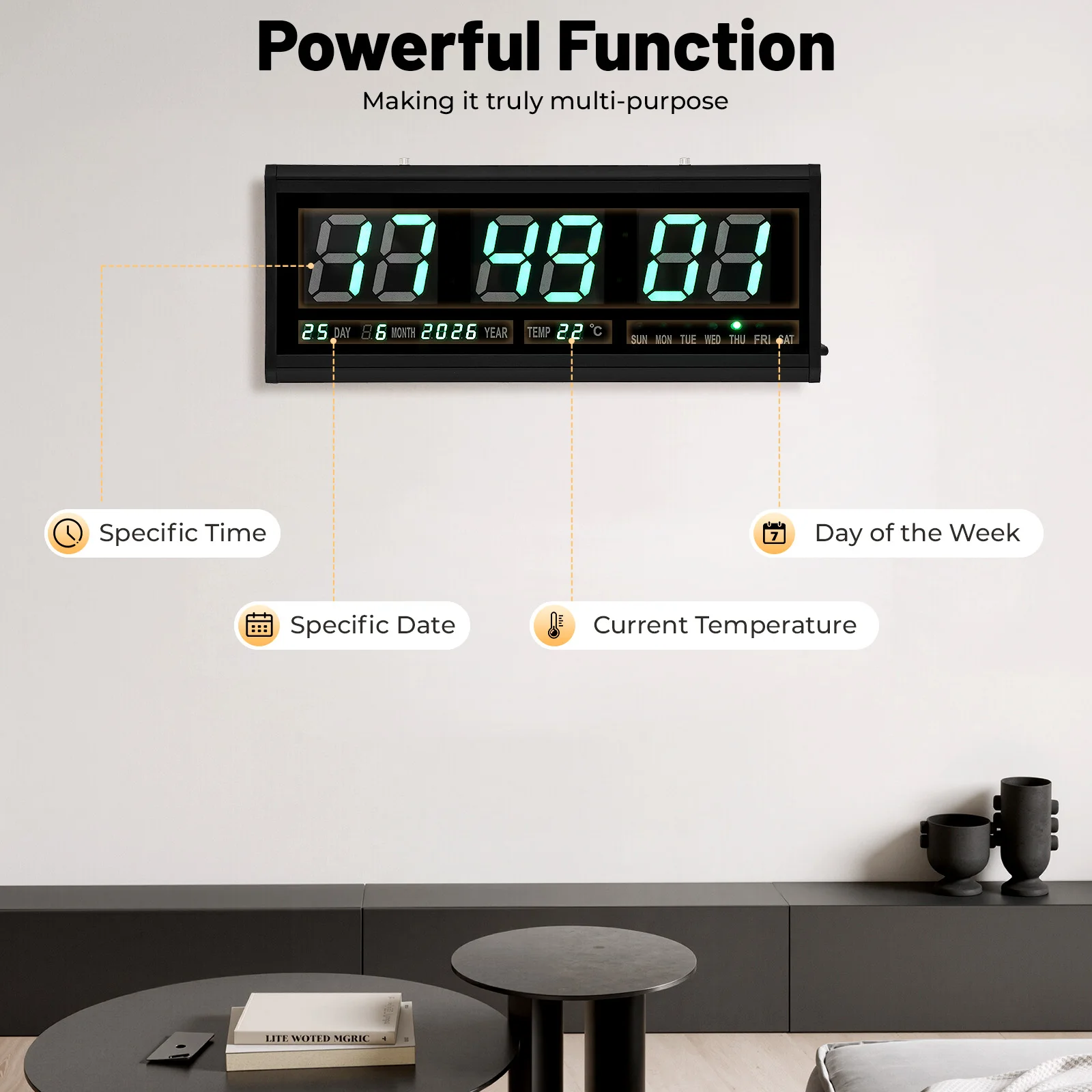 Grande horloge murale numérique, affichage de l'heure (12/24 h), de la température, de la date et du jour de la semaine ; horloge électronique à LED, avec gradateur automatique, lumineuse et silencieuse ; 48 × 19 cm