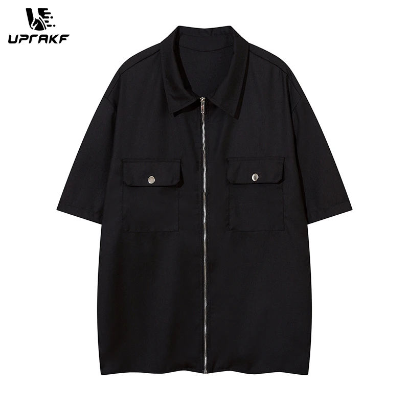 UPRAKF Shirts Zipper Casual Summer Tops Outwear Short Sleeve High Quality Front Pocket Fashion