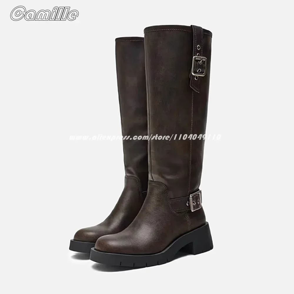

Brown Belt Buckle Strap Knee High Motorcycle Boots Round Toe Platform Casual Modren Boots Size 35-40 Grace Lady Modren Boots