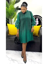ANLAN Fashion Stripe Print Miyake Pleated Mini Dress Lantern Sleeve Knee-Length Evening Dresses Elegant Women's Clothing 2AN1896
