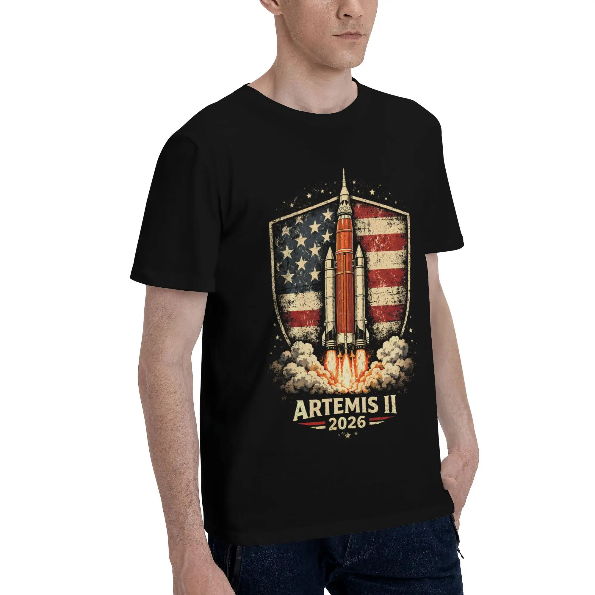 2026 USA Moon Mission Rocket Launch Space Model Funny 100% Cotton T-Shirt Artemis ii Tees Tops For Men