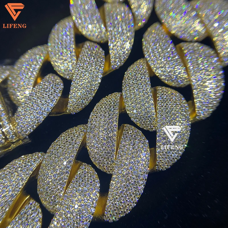 Lifeng Jewelry 25mm 7rows Solid Silver 18k Gold Plated VVS Moissanite Miami Cuban Link Chain Iced out Hiphop Men Cuban Necklace