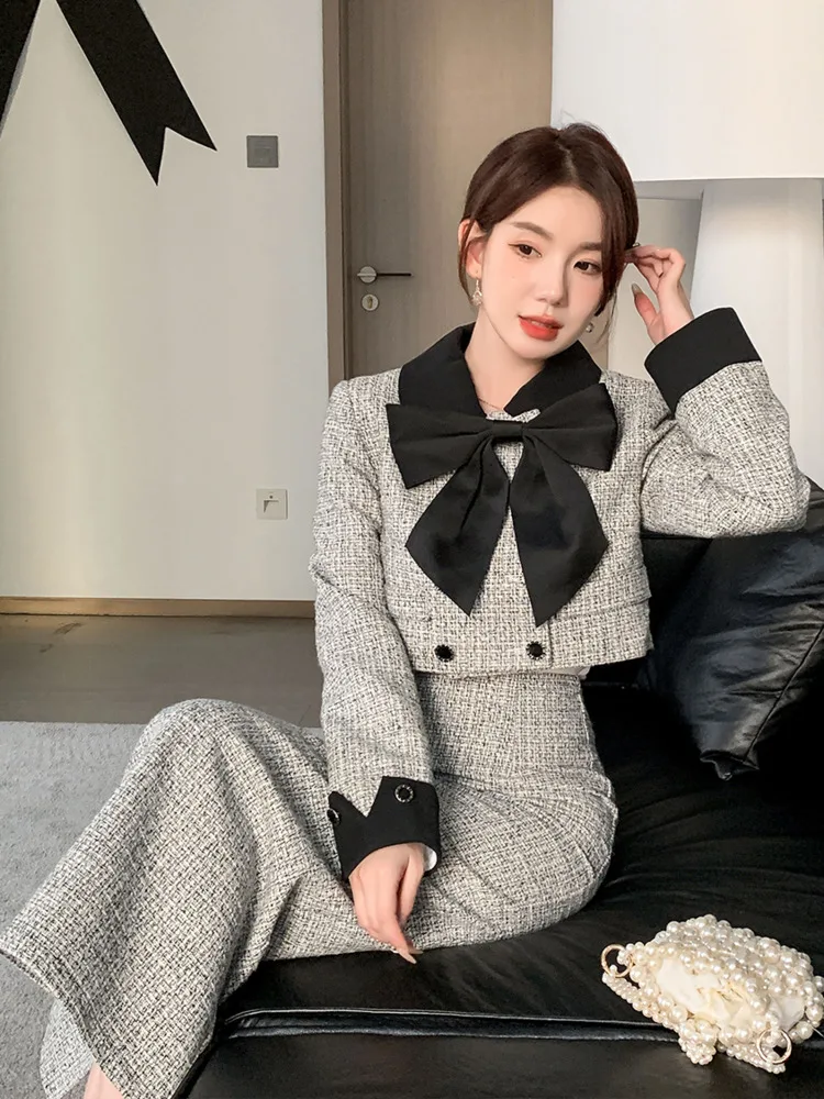 French Small Fragrance Tweed 2 Piece Sets Women Outfit Bow Jacket Coat + Long Skirt Two Piece Set Conjuntos Femininos Elegantes