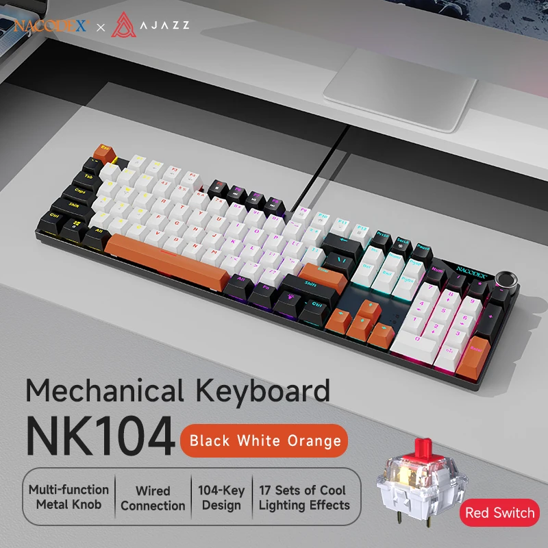 AJAZZ NK104 Volledig formaat bedraad mechanisch gaming-toetsenbord, OEM-profiel toetsen, hot-swappable, voor pc-gaming & kantoor