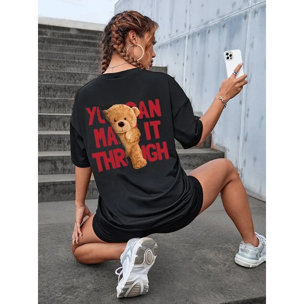 Plus-size You Can Make It Through Street T-Shirt Female Summer Loose Clothing Casual Breathable Short  Cotton Brand Streetwear