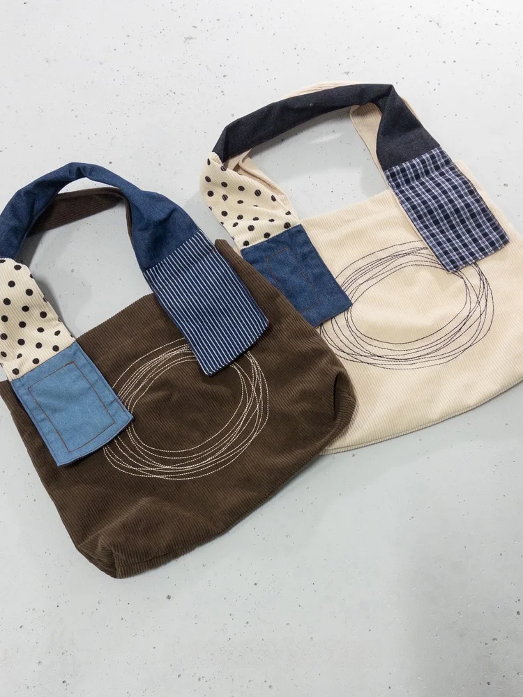

Artistic Patchwork Corduroy Tote Bag Vintage Feel Casual Lightweight Foldable Handbag for All Gender Soft Square Shape
