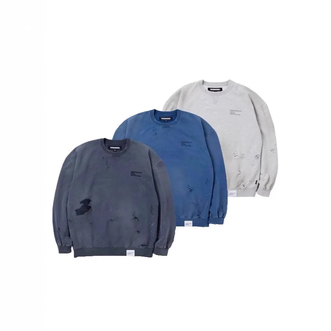 NEIGHBORHOOD SAVAGE AW24 Wax‑Washed Distressed Vintage Crew Neck Sweatshirt Loose Casual Unisex Autumn Winter Tops
