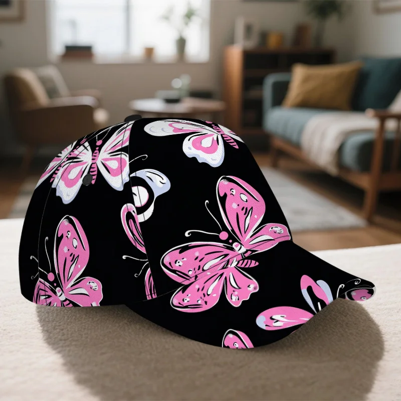 

Butterfly Pattern on Black Print Classic Baseball Cap Adjustable Duckbill Lightweight Ideal for Casual Wear and Running Fitted