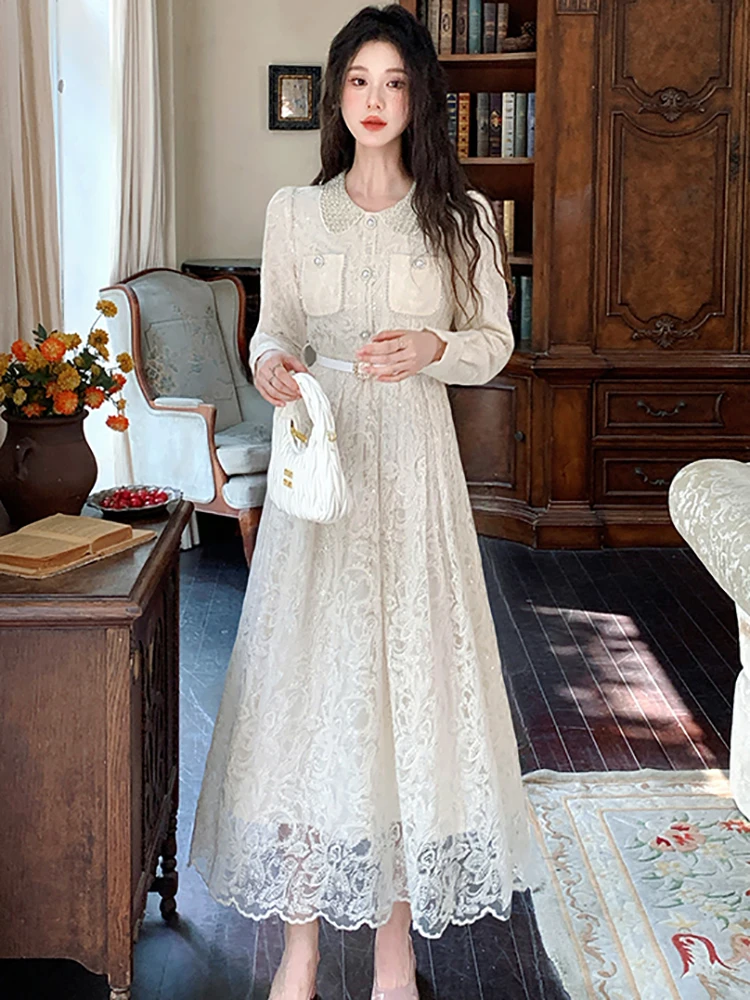 Vestido internacional de encaje Jacquard para mujer, ropa de fiesta ajustada de manga larga para otoño, vestido de fiesta de Festival de lujo coreano 2025