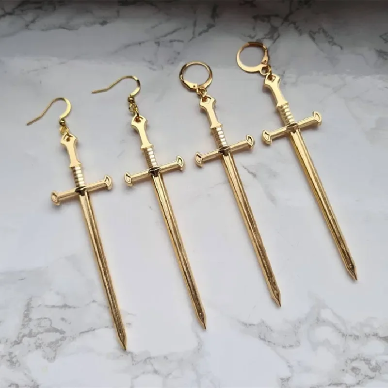 Golden Colour Goth Swords Earrings Long Gothic Medieval Tarot Viking Alternative Statement Women Men Gift Mystical Jewellery