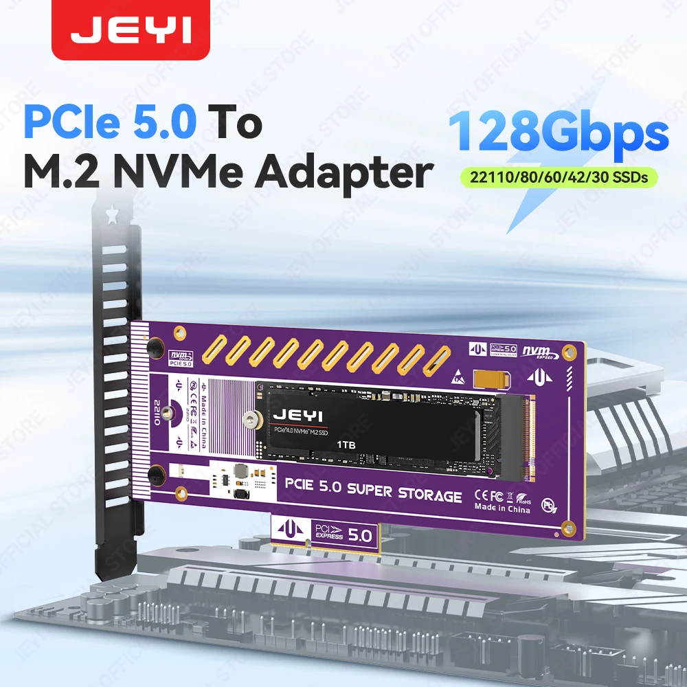 

JEYI PCIe 5.0 to M.2 NVMe Adapter Card 128Gbps Ultra Speed Supported x4/x8/x16 Slot Ready 22110/2280/60/42/30 SSD Support
