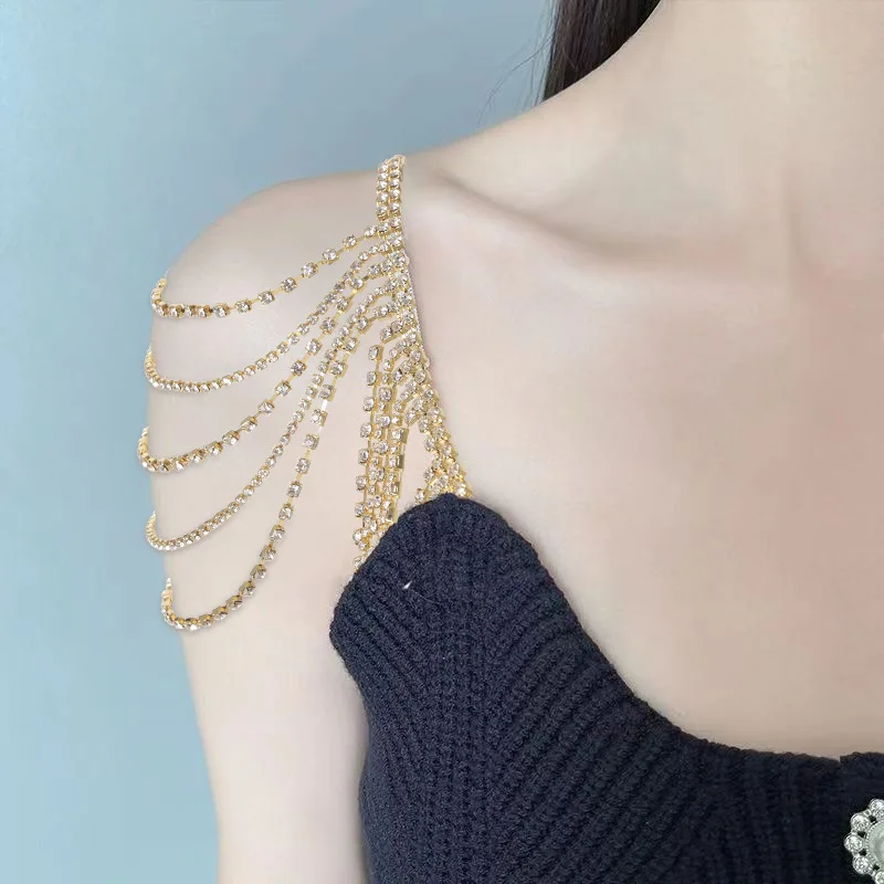 Cascading Multi Tier Shoulder Drape Chain Luxury Bridal Gown Body Jewelry Elegant Off Shoulder Top Accent Statement Accessory