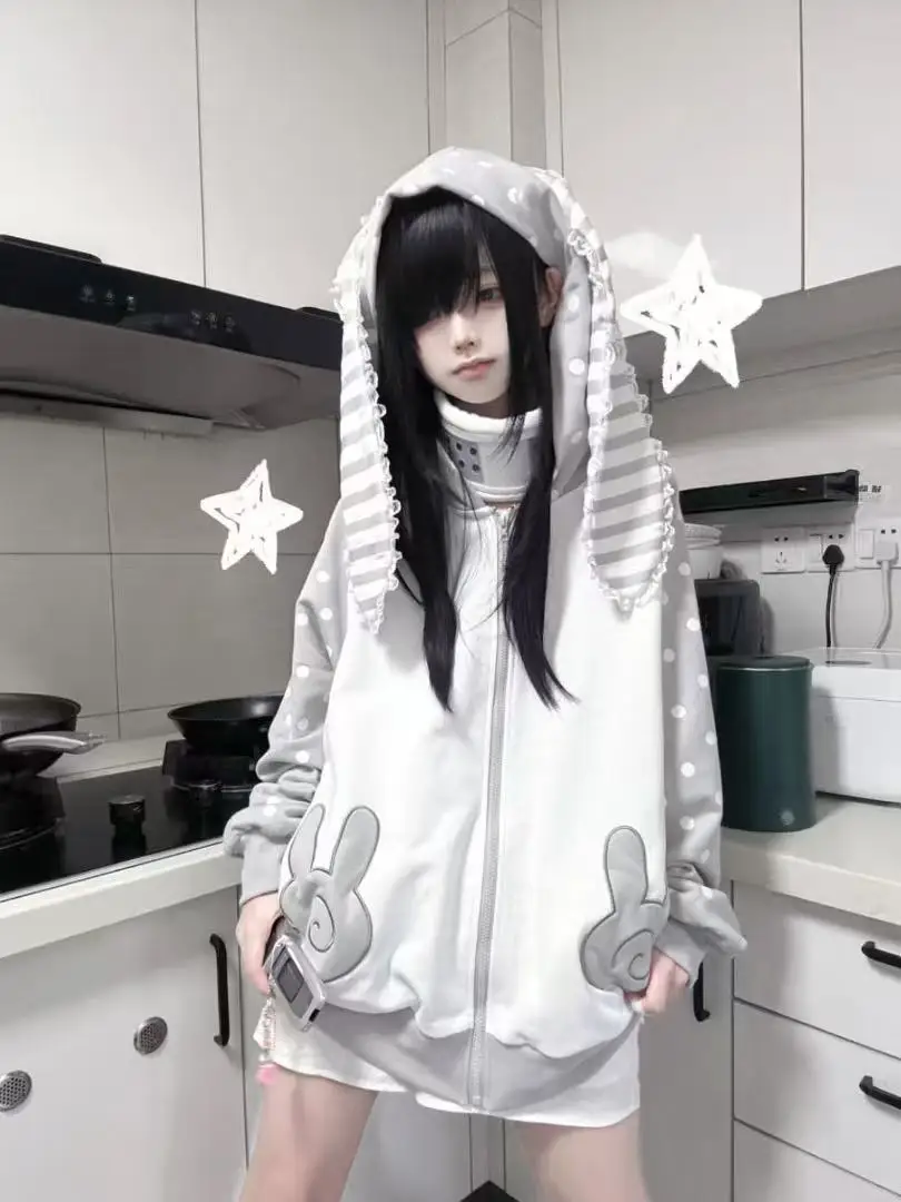 2025 신상 후드 재킷 귀여운 물방울 무늬 귀 디자인 캐주얼 루즈핏 여성 스웨트셔츠 가을 겨울 귀여운 만화 패션 아우터웨어