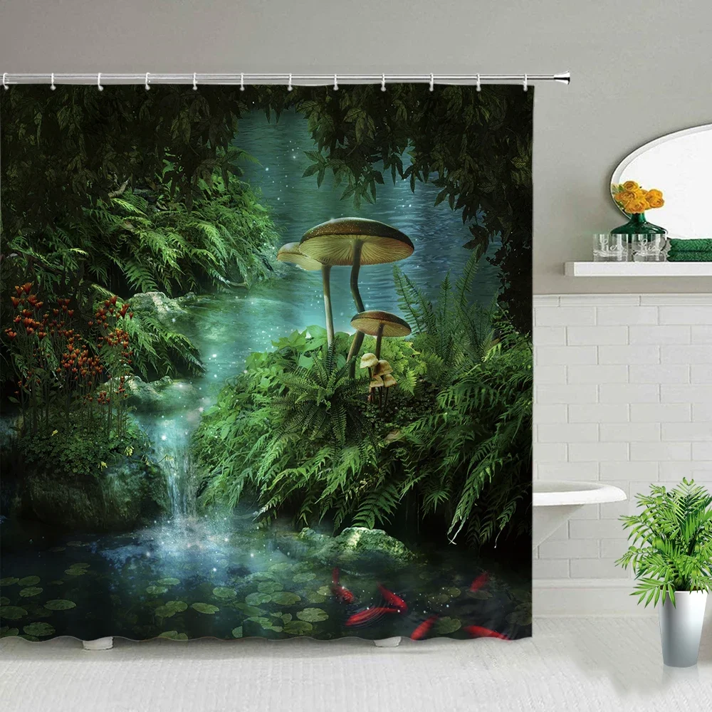 Magic Tree Design Shower Curtain Fairy Forest Waterproof Curtains Dream Mushroom Butterfly Elf Cartoon Fantasy Bathroom Decor