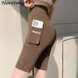 Horetong-Shorts esportivos femininos de cintura alta com bolso, streetwear casual, calças curtas apertadas femininas, calças de treino fitness