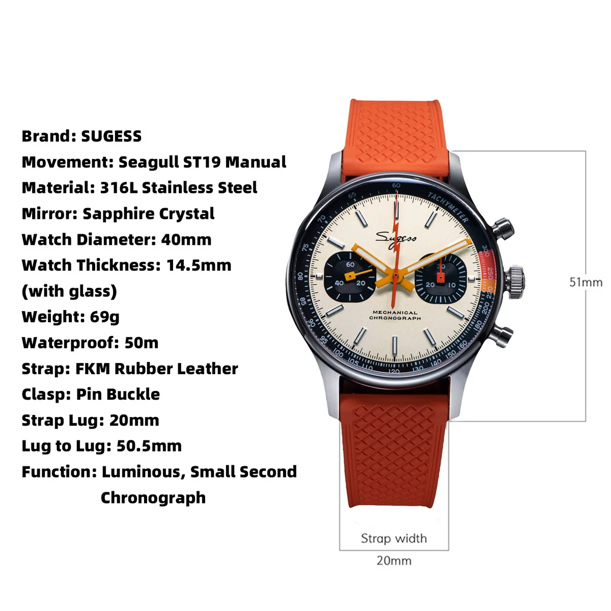 Sugess-Montre Mécanique Pilot pour Tianjin ST19, Chronographe, Mouvement à Col de Cygne, Montres-Bracelets, Clip Saphir, Sports de Course Limités