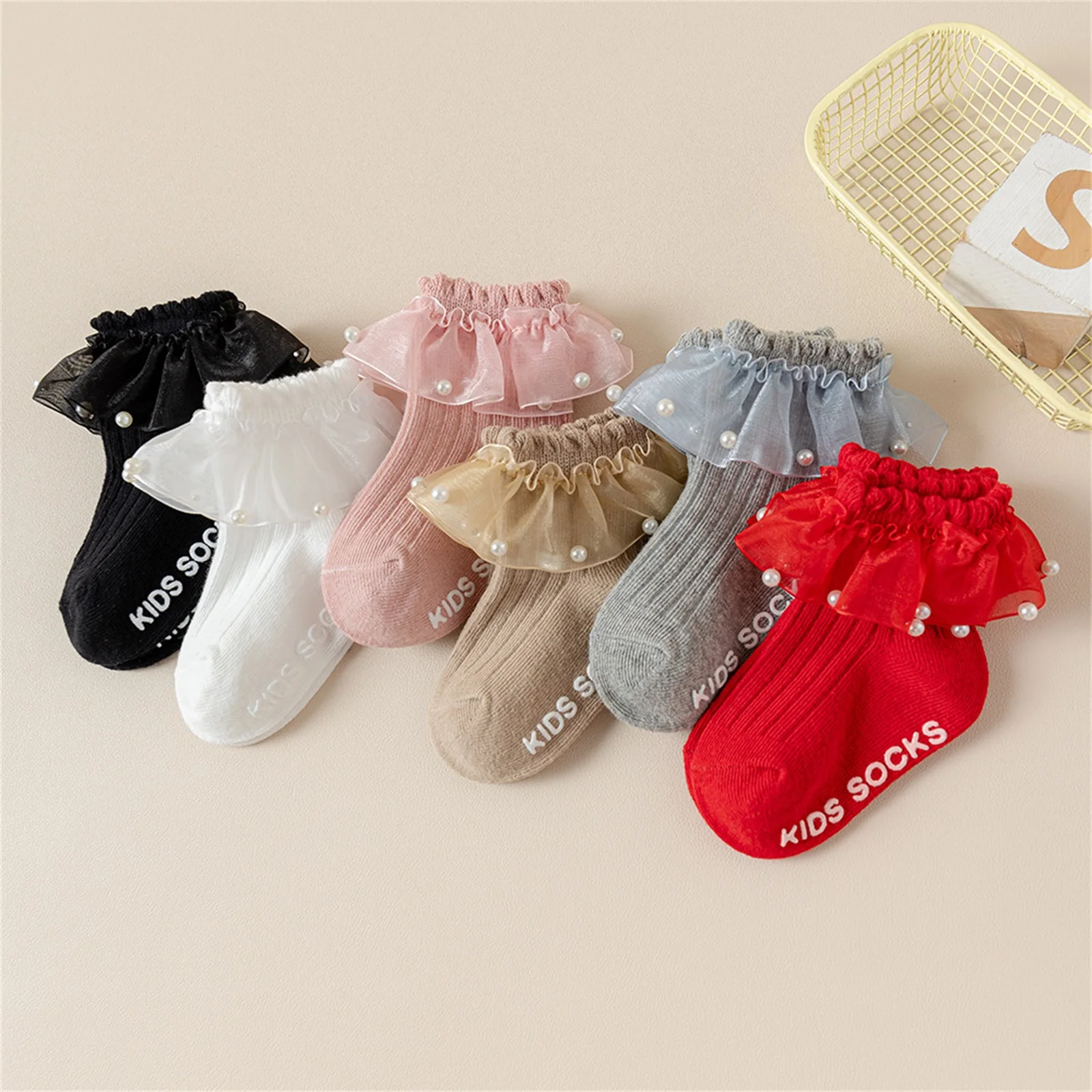 Infant Baby Girl Ankle Socks Soft Breathable Tulle Lace Ruffle Pearl Decorated Socks Toddler Princess Socks