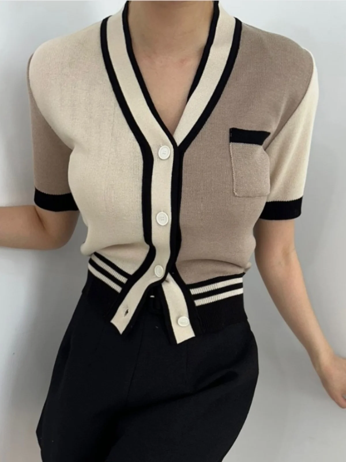 

Korean Sle ort Sve Knitted Open Cardigan Women's Faion V-ne Slimming Single Button Coat Spring Summer New Arrival
