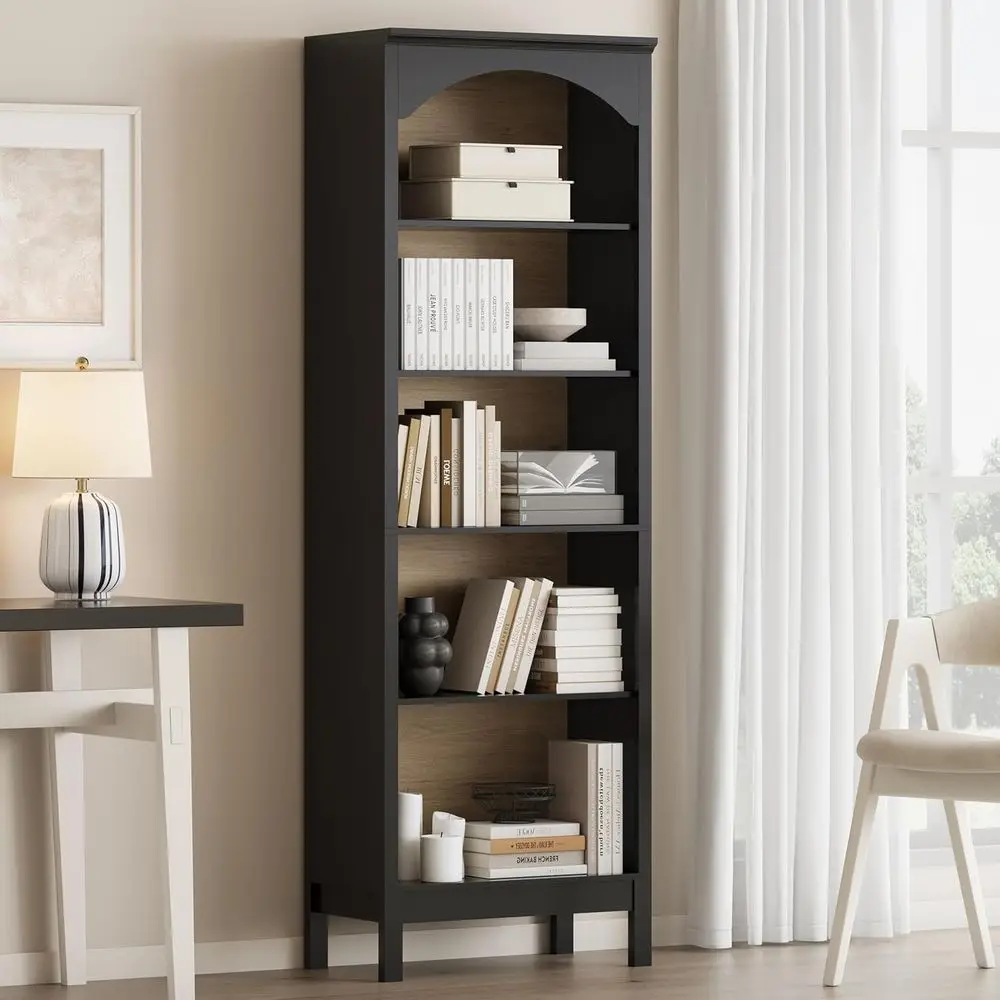 

5-Tier 71 Tall Open Wood Bookcase, Adjustable Shelves, 24 Wide, Modern Black for Home, Office, Kitchen, Living Room