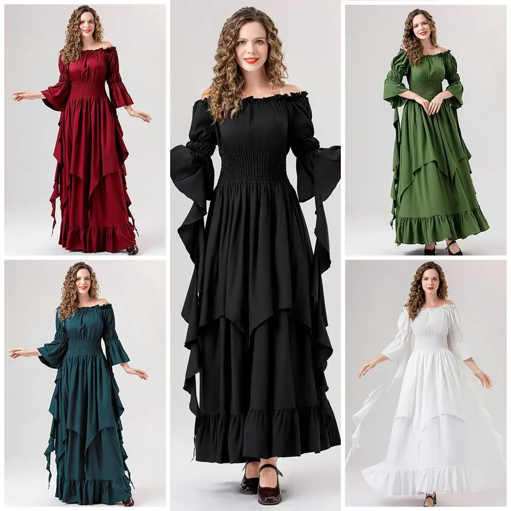 

Women's Retro Solid Dresses One-Shoulder Three-Quarter Sleeves Medieval Retro Cos Dress Elegant Fashion Waist Evening Dress