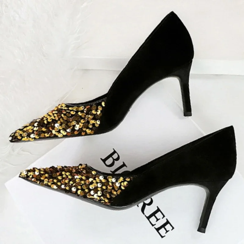 BIGTREE Shoes Women 7 Cm Heels Pointed Patchwork Sequin Cloth Women Pumps Luxury Banquet Shoes Stilettos Design Ladies Heels