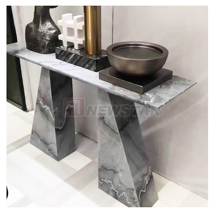Living Room Furniture Narrow Long Bege Travertine Stacked Base  Rectangular Marble Table Modern Console Table