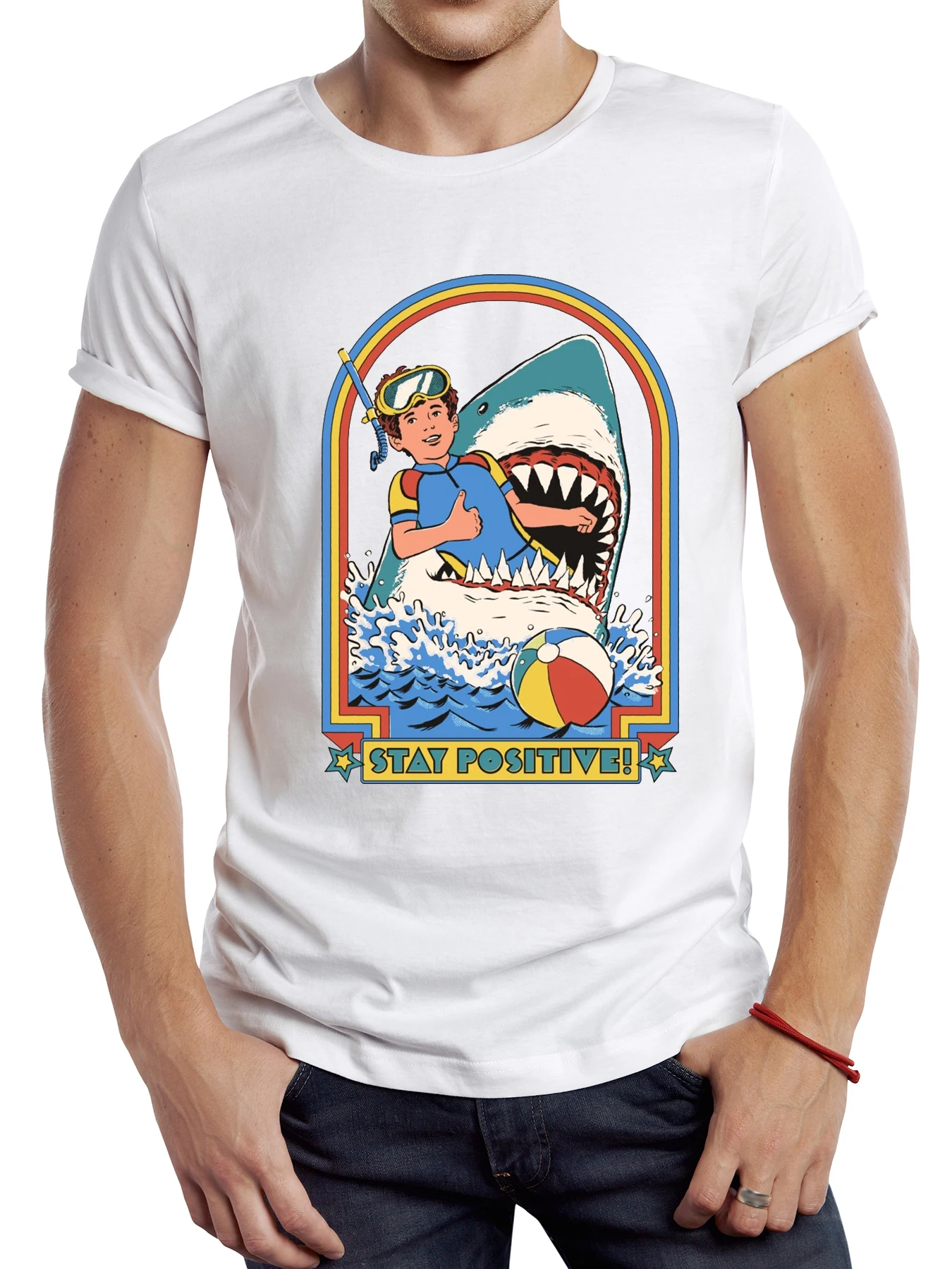 

FPACE Men Vintage Stay Positive T shirt Cool Shark Printing Tops Basic Male Worship Coffee Tshirts