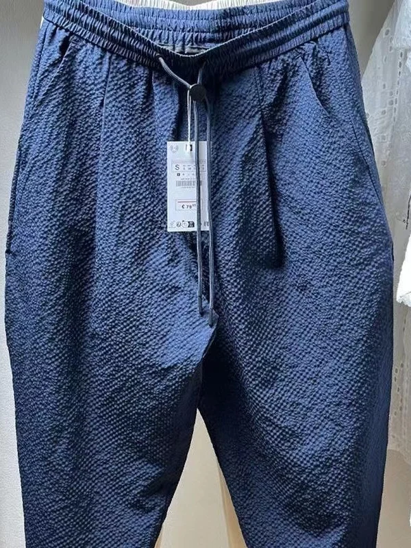Summer New Drawstring Casual Pants Men's Thin Cool Bubble Cloth Loose Style Simple Long Trousers Polyester Fiber Cool Sensation