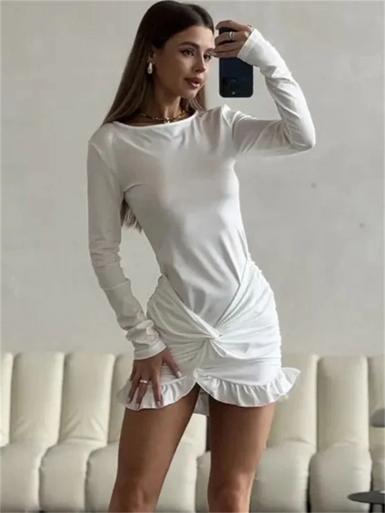 

Ruffled Twist Shirred MIni Dress Women Summer Long Sleeve Slim Sexy Fashion Party Dress Female Y2k Bodycon Short Dress 2025