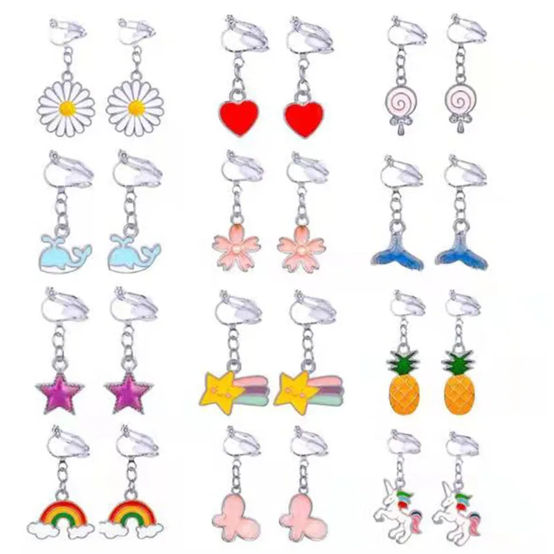 Cute cartoon earrings rainbow flowers without ear holes ear clips students children short paragraph earrings clip ladies jewelry