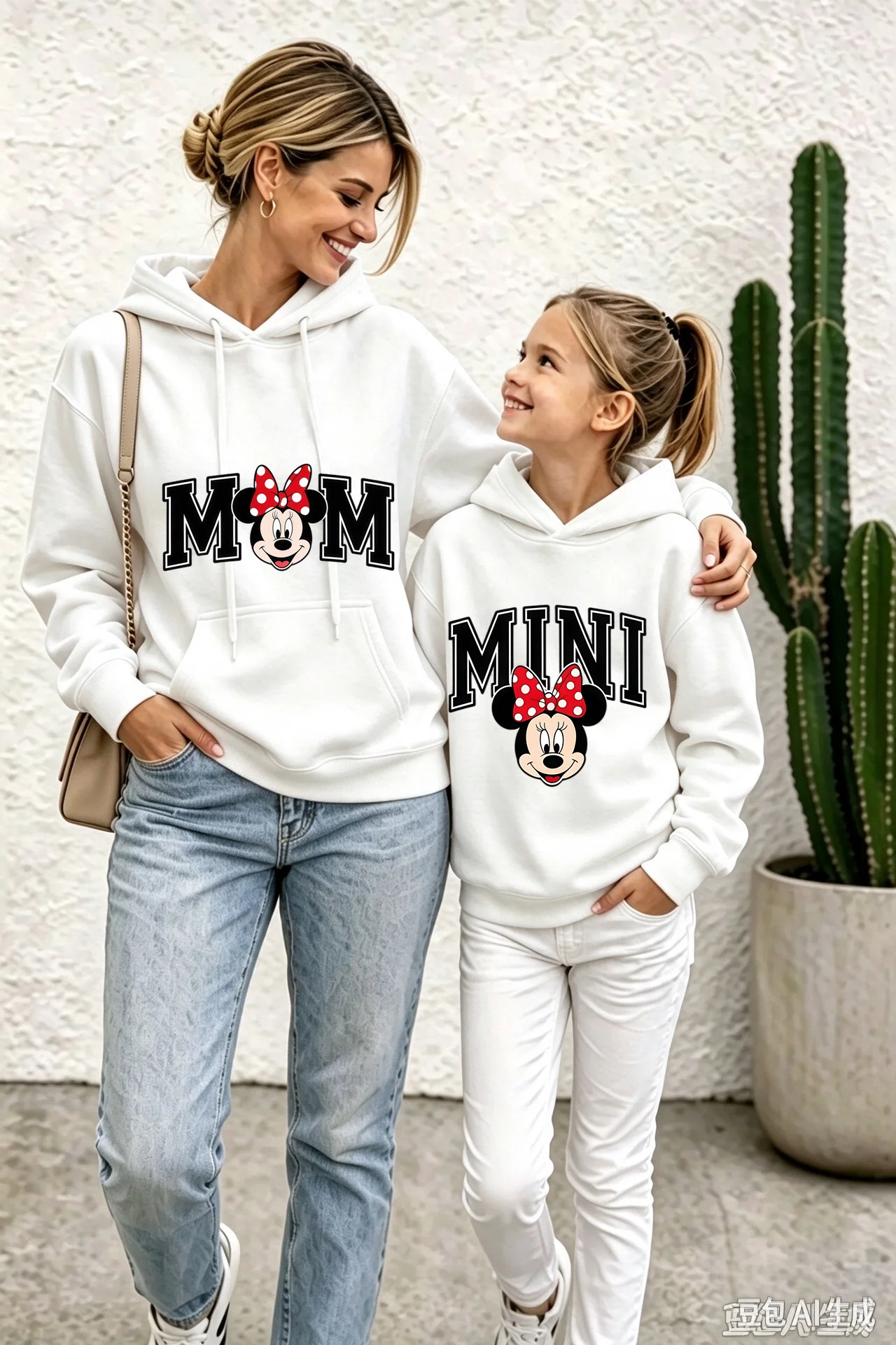 Mother Daughter Matching Hoodie Set, Mom Mini Minnie Mouse Graphic Pullover Sweatshirt, Casual Long Sleeve Tops for Mommy and Me