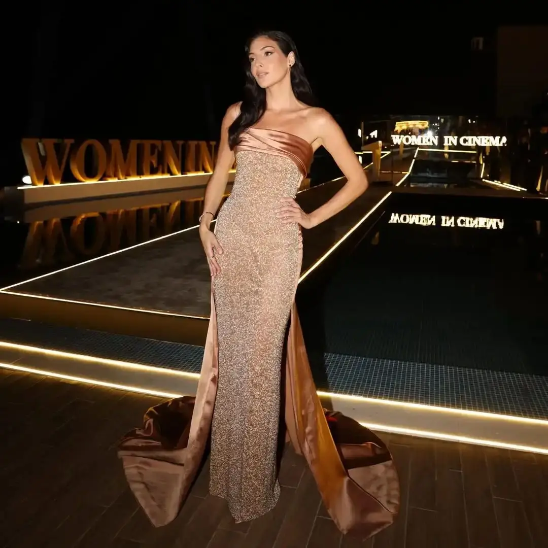 Ofherown luxo rosa ouro sem alças frisado lantejoulas vestido de noite feminino formal festa de formatura vestido com trem personalizado