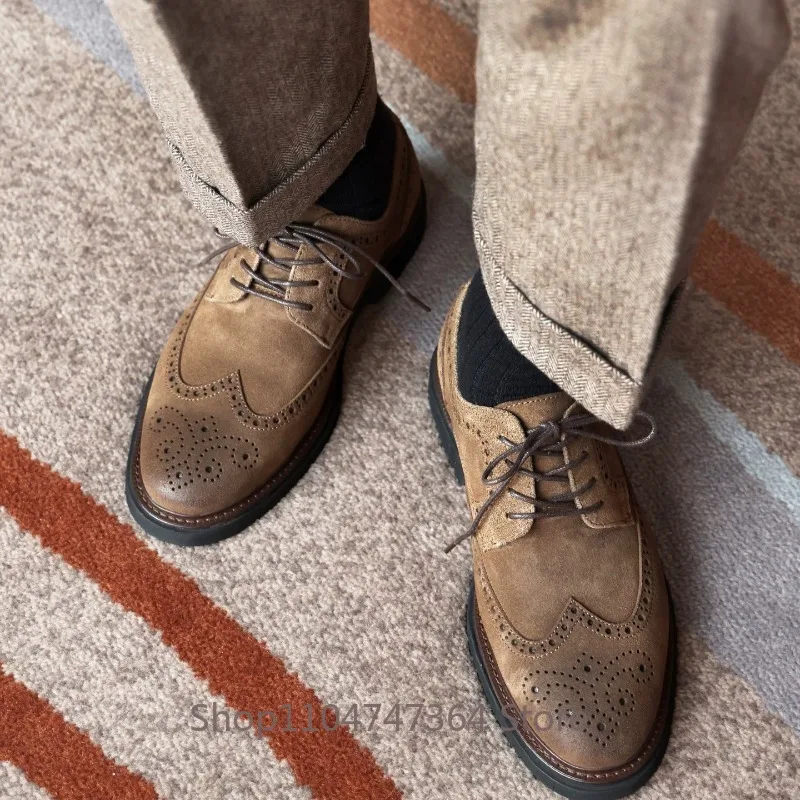British Style Brogue Carved Leather Shoes Men's Handmade Cow Suede Business Casual Genuine Leather Low Top Dress Shoes Male