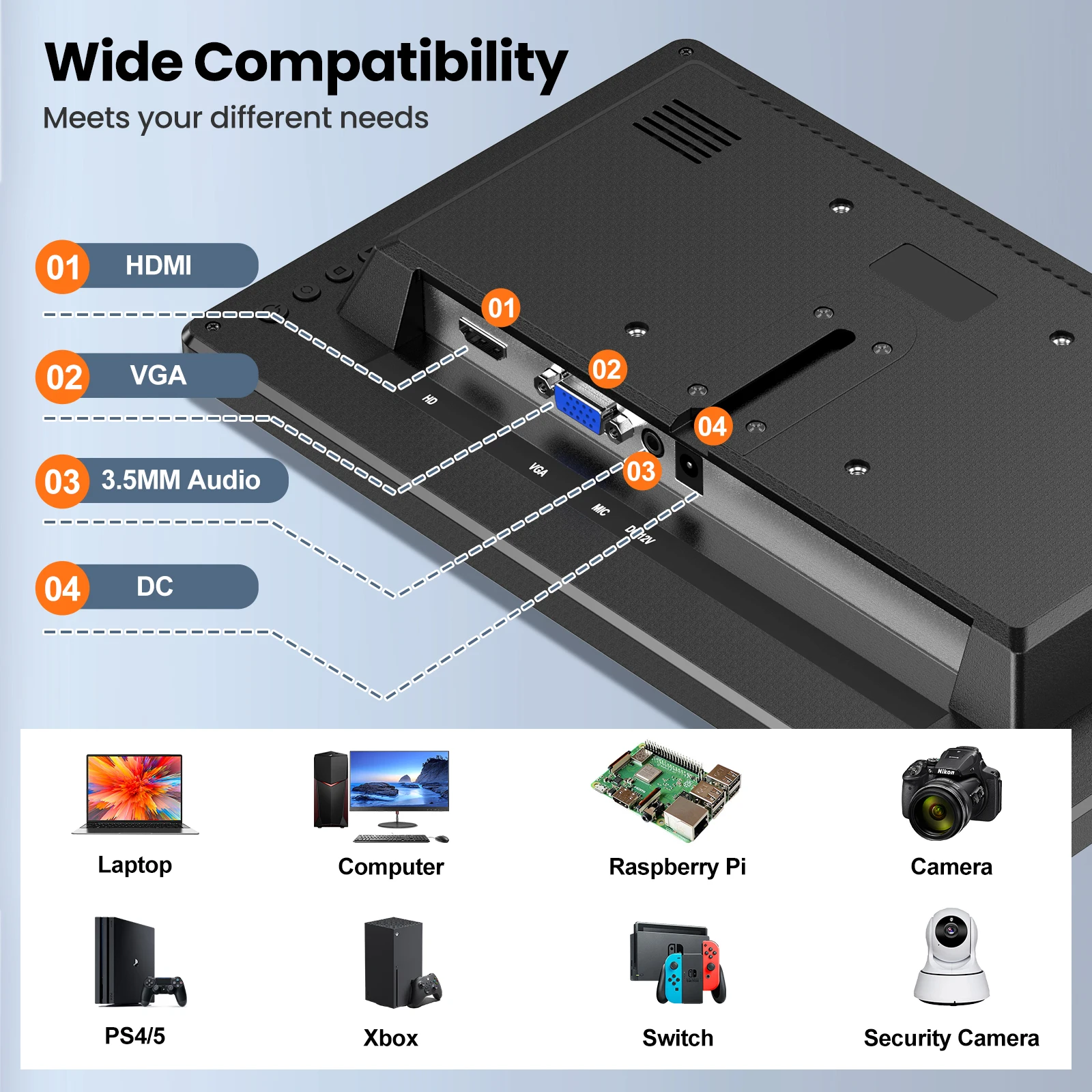 Eyoyo EM12M External Monitor for Computer Laptop Security Camera Raspberry Pi,12 Inch HDMI/VGA IPS Display 1366x768 With Speaker