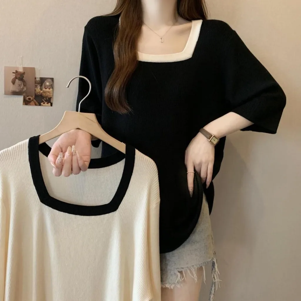 [Taille plus] t-shirt uni à col carré pour femmes surdimensionnées, manches 3/4, t-shirt fin décontracté et à la mode, hauts design