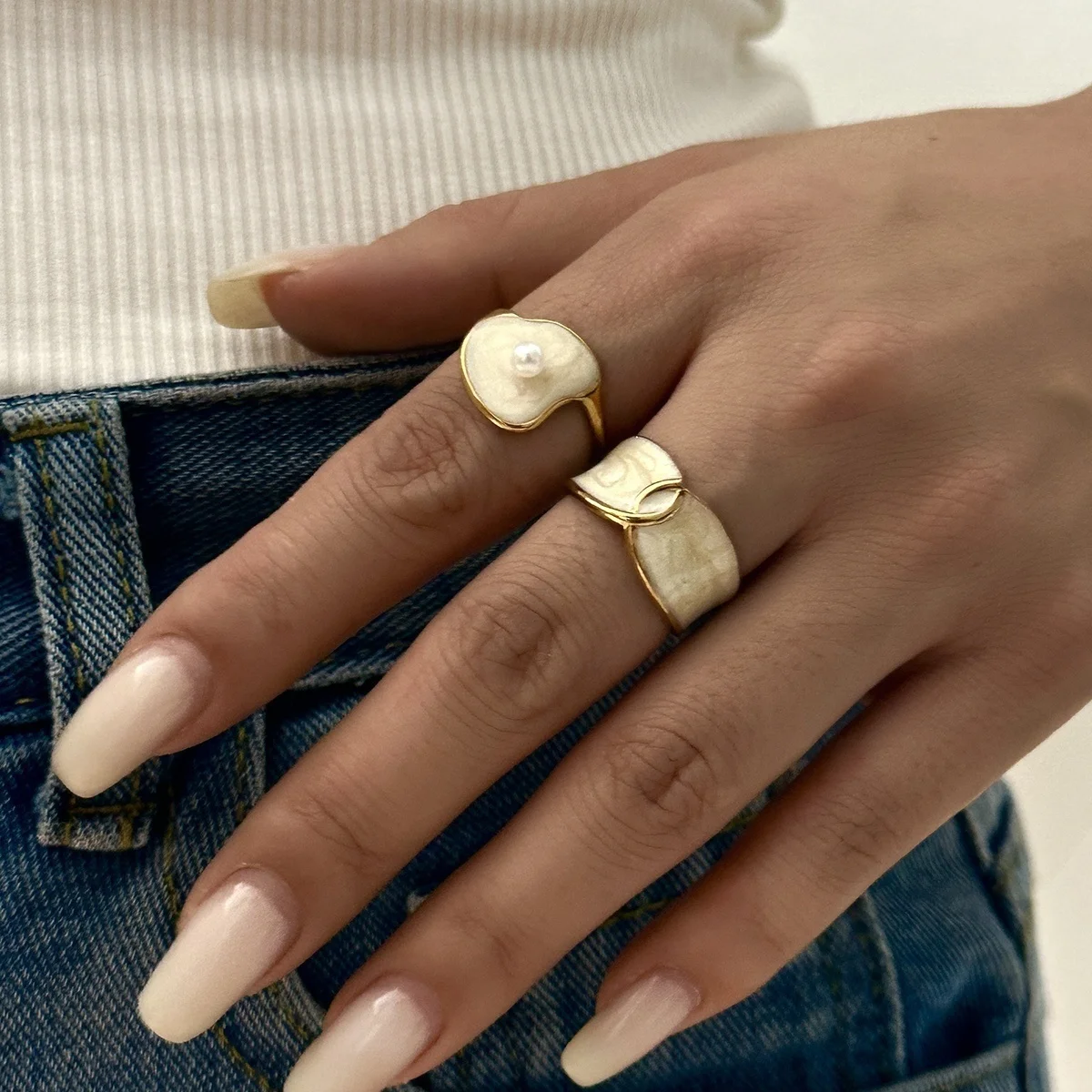 Edelstahl-Rechteck-Naturstein-Emaille-Fingerringe für Damen und Herren, königlicher Vintage-geometrischer Imitationsperlenring, Schmuck – Detail 13