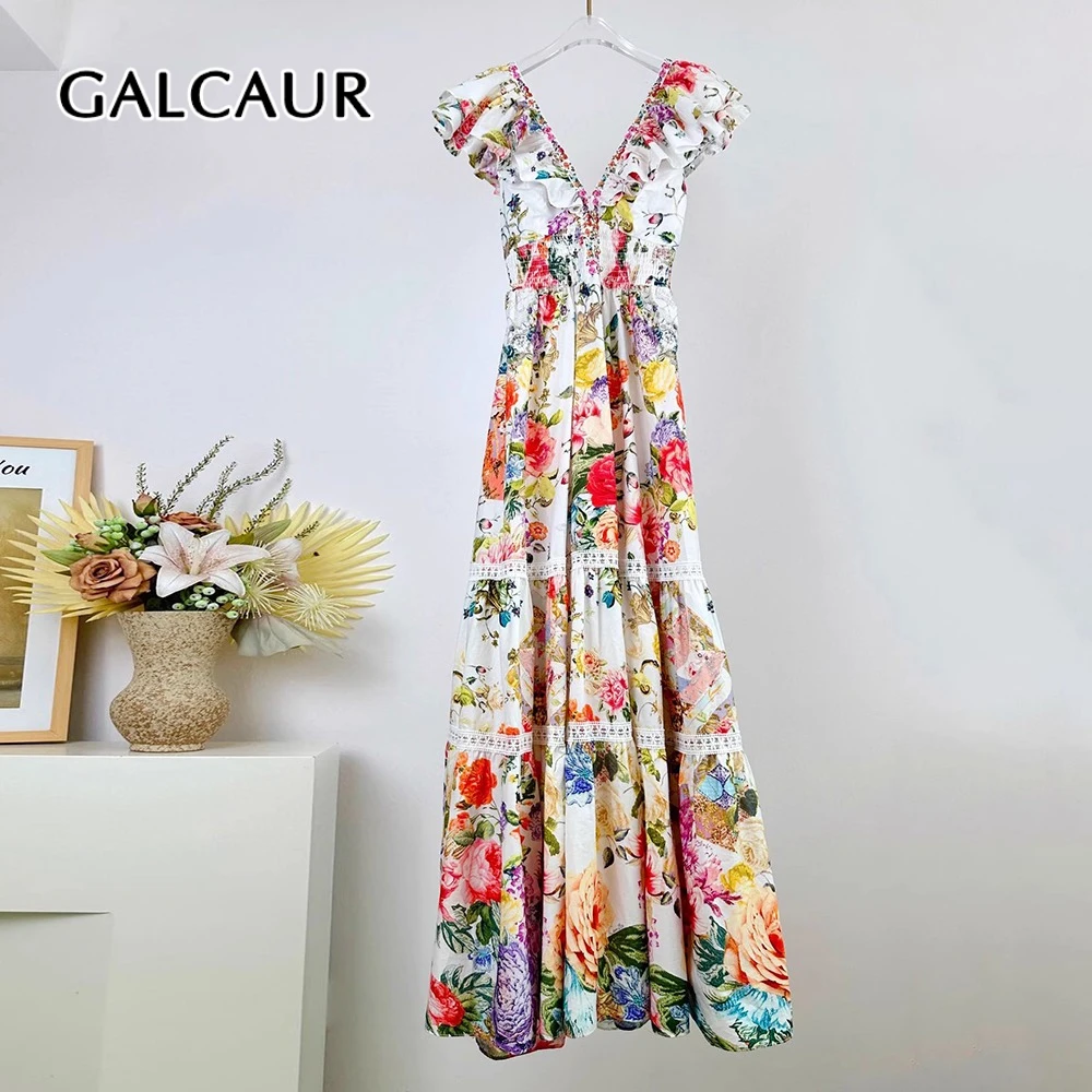 

GALCAUR Hit Color Printing Spliced Folds Elegant Dresses for Women V Neck Sleeveless Elastic Tunic Patchwork Bead Dress Female