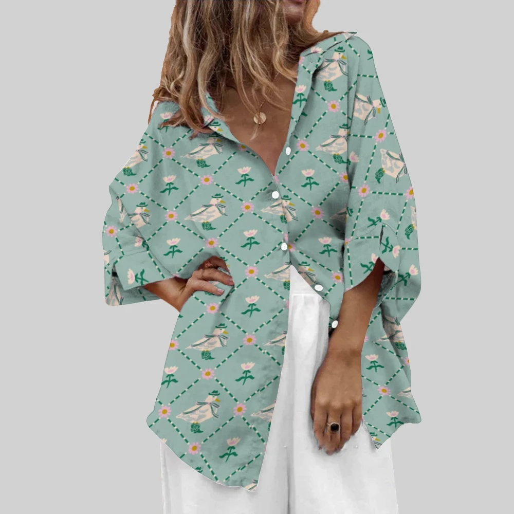 

Blooming Beauty Green Shirt With White&Pink Flower Prints Springtime Vibe Blouse Causal Floral Delight Wear Garden Party Outfit