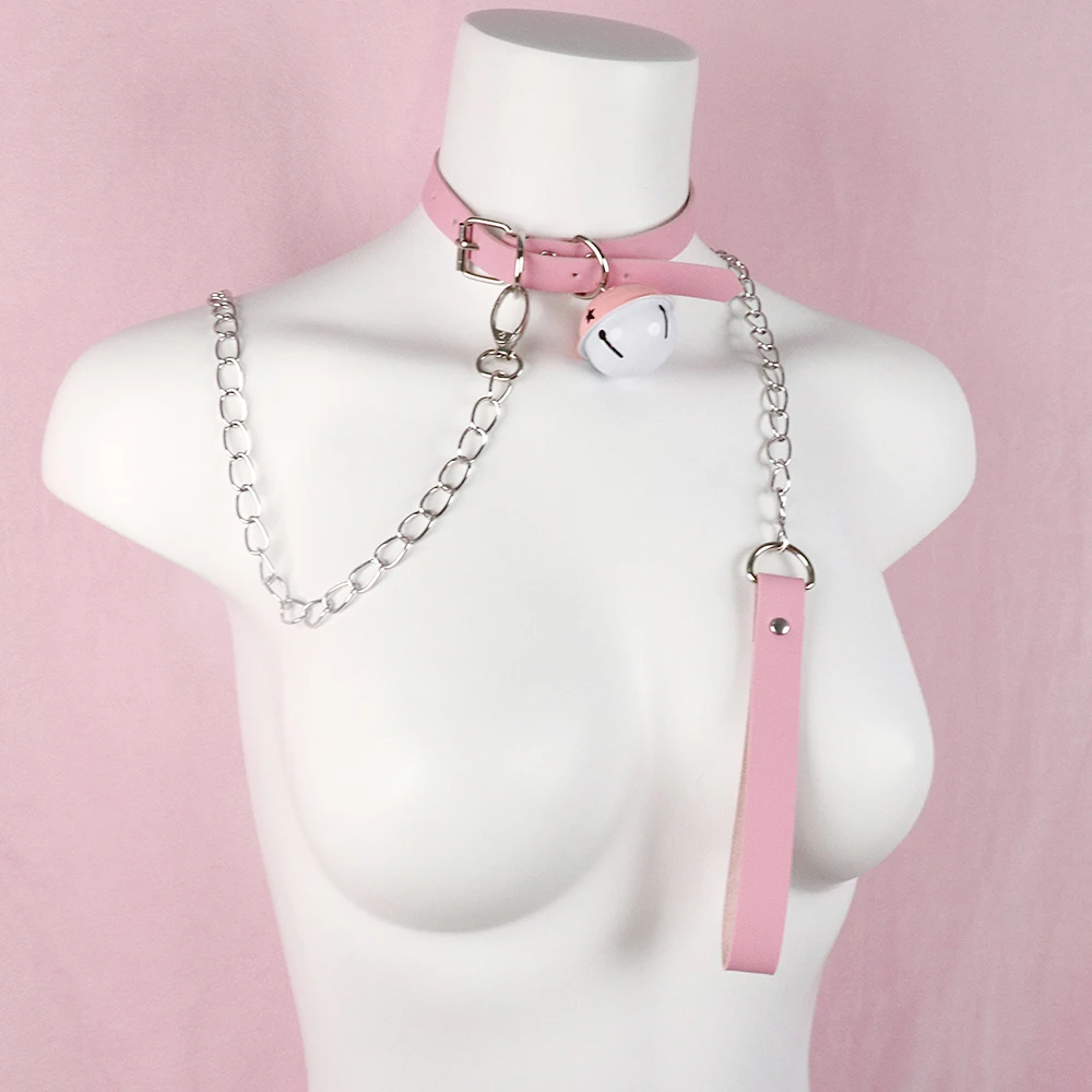 Slave Bed Bondage Pink Collar PU leather Neck Restraint with Chain Leash BDSM Erotic Sex Toys For Women Couples Adult Games