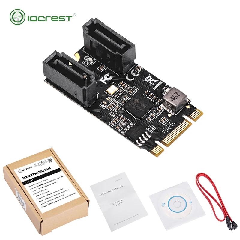 IOCREST 2 Port SATA III 6 Gb/s M.2 22X42 M Key dan B Key Controller Adapter Card SATA 6G Internal
